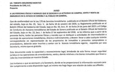Anuncio oficial Secretaría de Economía Sonora